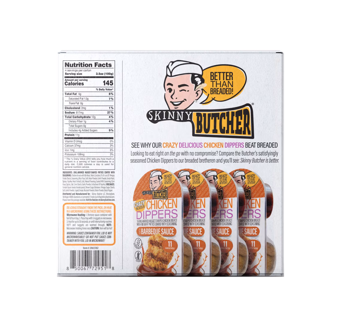 Skinny Butcher Chicken Dippers™ with Barbeque Sauce, Costco 4 pack, back of box with Nutrition Facts
