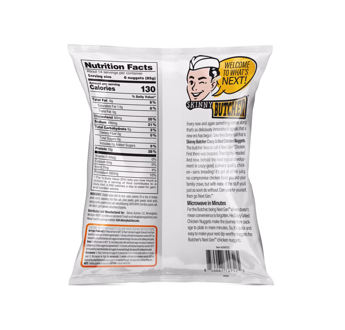 Skinny Butcher Crazy Grilled™ Chicken Nuggets, Costco 42 oz bag, back with Nutrition Facts