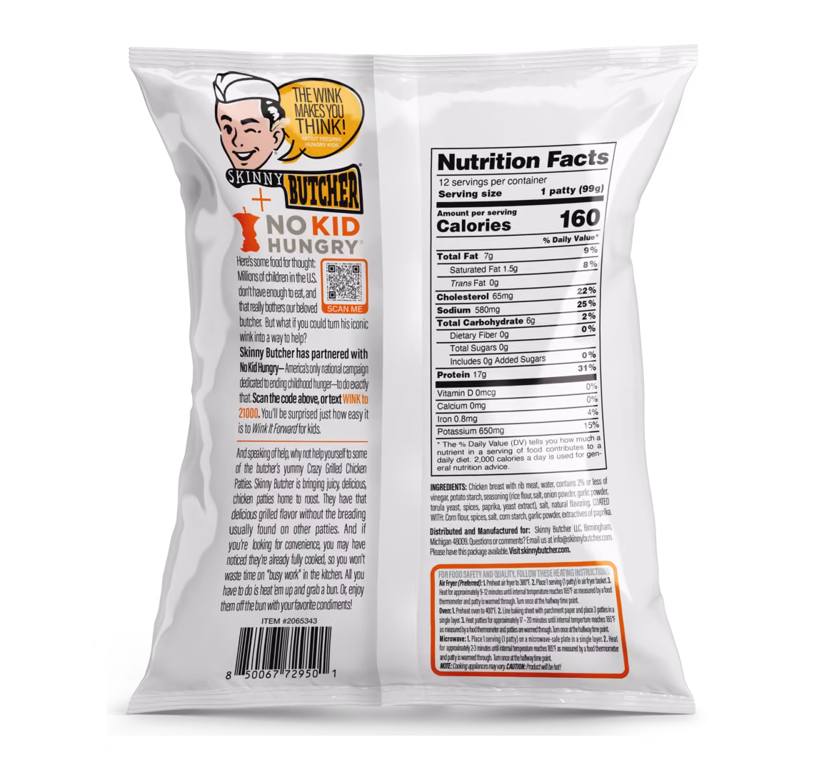 Skinny Butcher Crazy Grilled™ Chicken Patties, Costco 12-pack, back of bag with Nutrition Facts