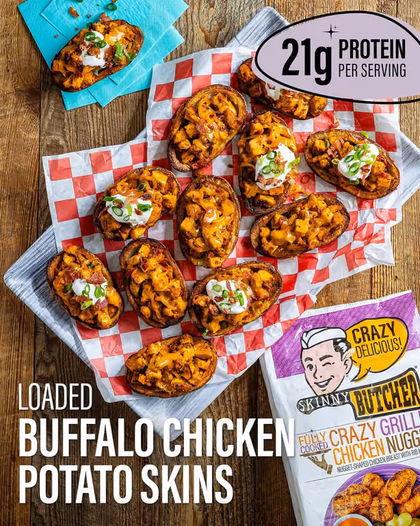 Our protein-packed Loaded Buffalo Chicken Potato Skins made with Crazy Grilled Chicken Nuggets won't survive the game-day appetizer table for long.