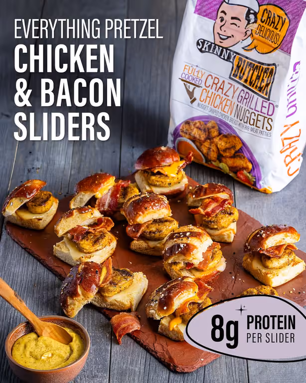 Snack time, upgraded. Everything-seasoned pretzel buns, Crazy Grilled Chicken Nuggets, bacon and melty cheese: the kid-friendly appetizer that disappears in five minutes flat.