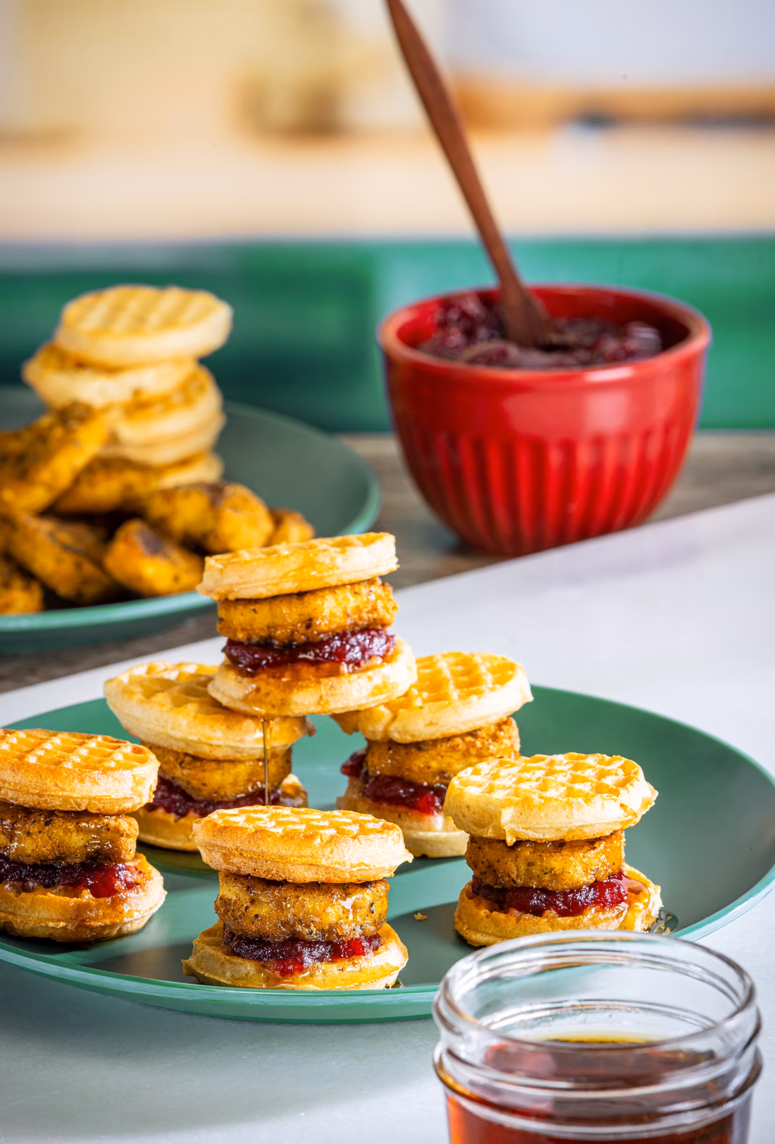 Chicken & Waffle Holiday Sliders, made with Skinny Butcher Crazy Grilled Chicken Nuggets