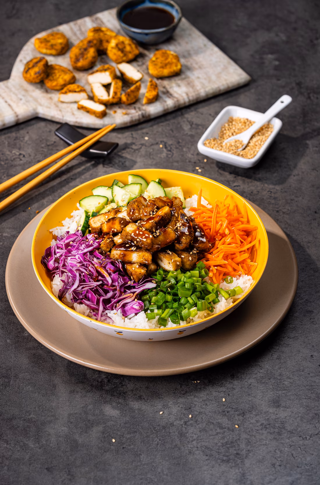 Korean BBQ Chicken Bowls, made with Skinny Butcher Crazy Grilled Chicken Nuggets