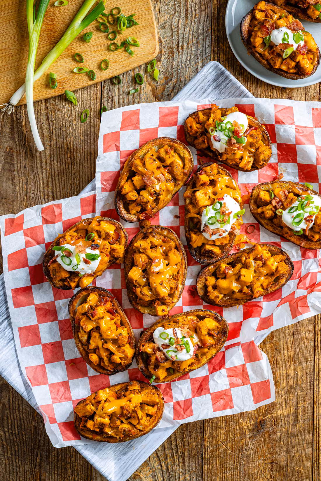 Loaded Buffalo Chicken Potato Skins, made with Skinny Butcher Crazy Grilled Chicken Nuggets